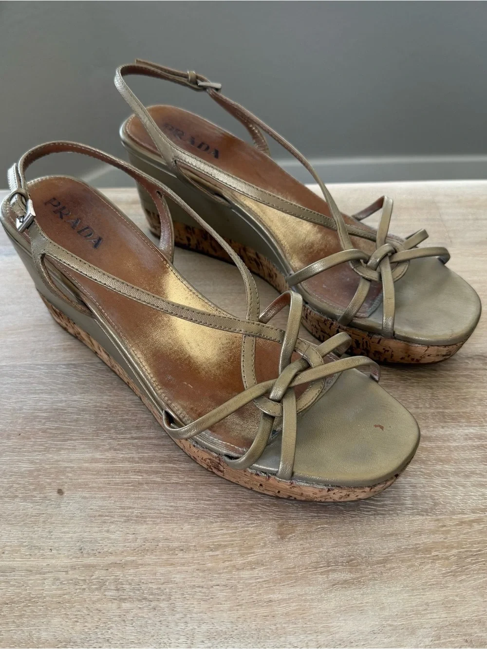 Prada Metallic Gold Cork Wedge Sandals Size 39.5